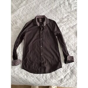 H&M Slim Fit Dress Shirt M 15 3/4 Black Floral Trim Contrast Cuffs & Collar
